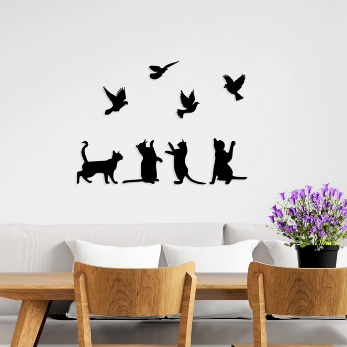 Wallity Birds Playing With Cats Escultura de Pared de Metal Negra Wallity Birds Playing With Cats Escultura de Pared de Metal Negra